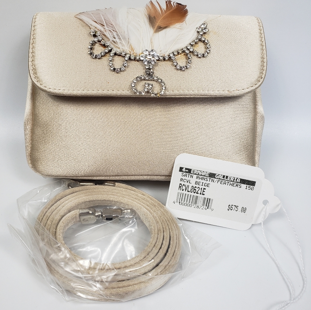 Rena Caovilla Elegant Cream Satin with Feather and Rhinestone Detail 6 x 4.5